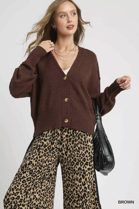Brown Button-Front V-Neck Knit Cardigan - Tigbul's Variety Fashion Shop