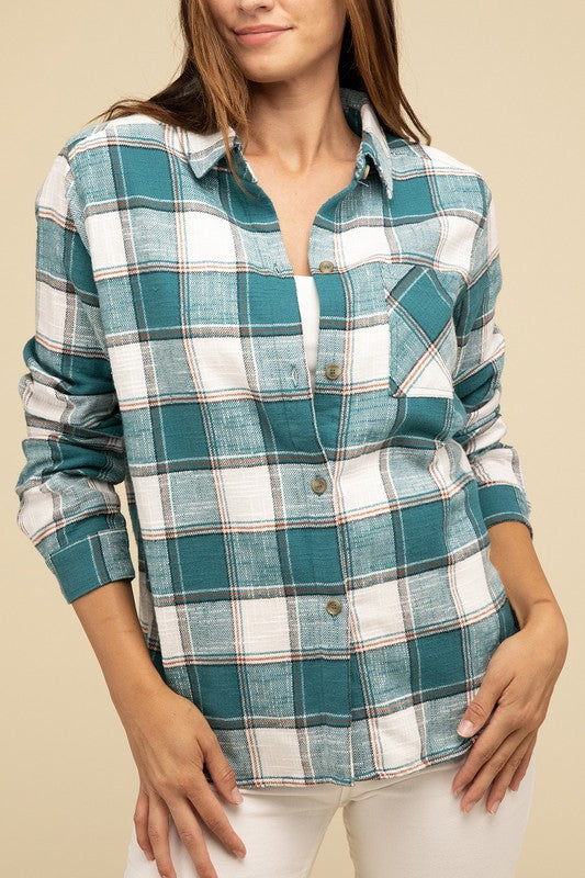 Cotton Plaid Shacket With Front Pocket - Tigbul's Variety Fashion Shop