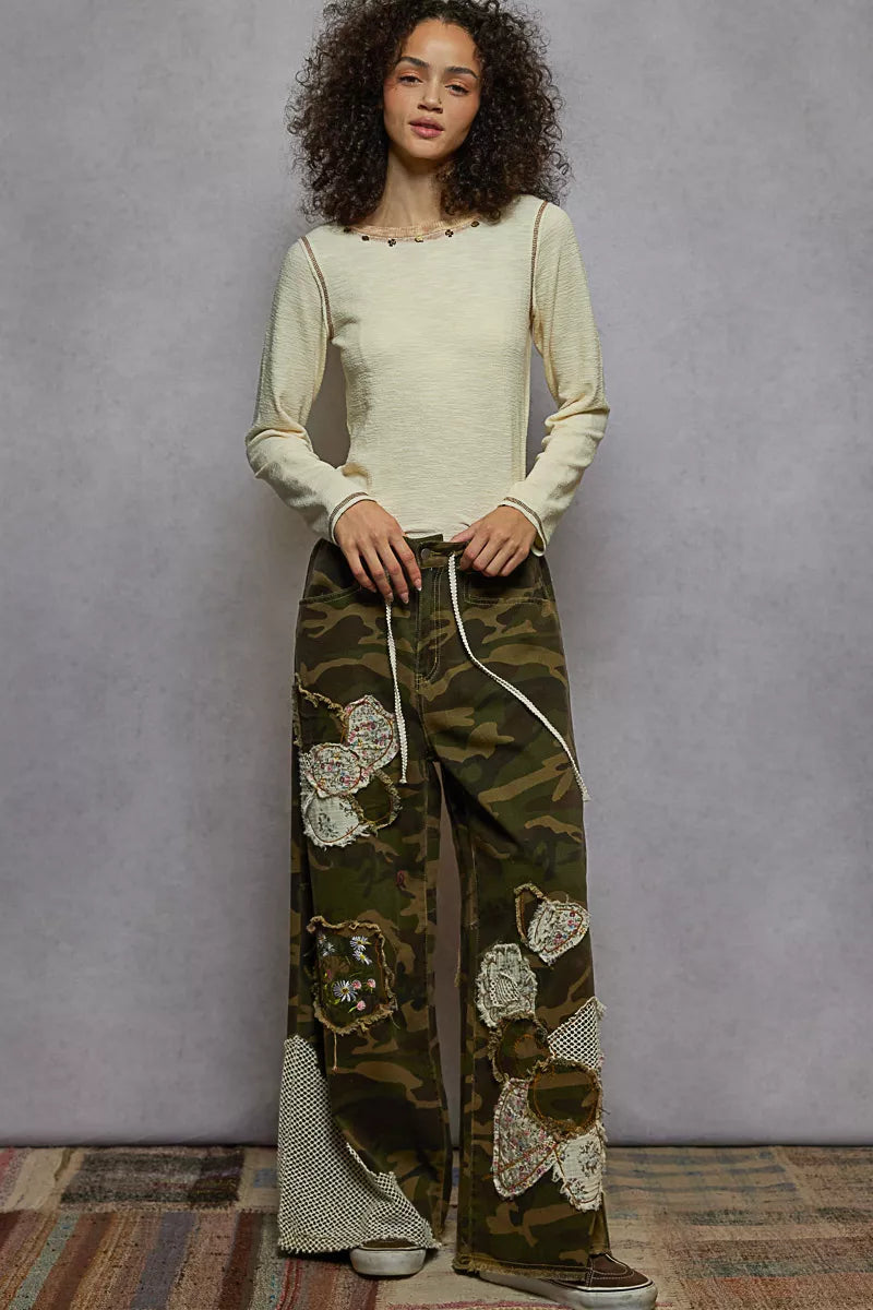 POL Round Neck Long Sleeve Contrast Stitching T-Shirt with Stud Detail - Tigbul's Variety Fashion Shop