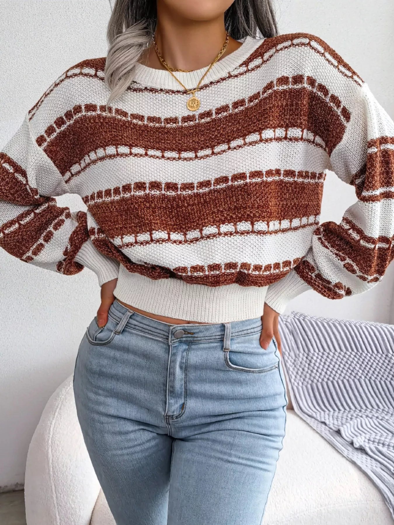 Color Block Round Neck Cropped Sweater - Tigbul's Variety Fashion Shop