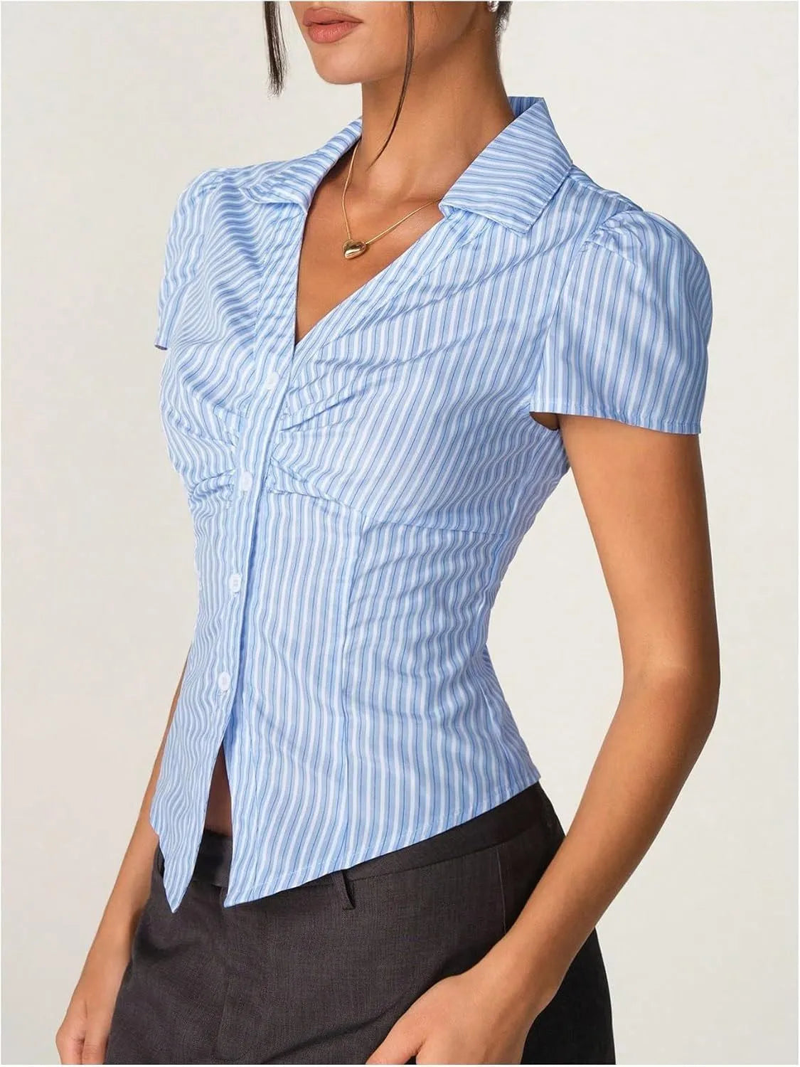 Striped Collared Neck Short Sleeve Shirt - Tigbul's Variety Fashion Shop