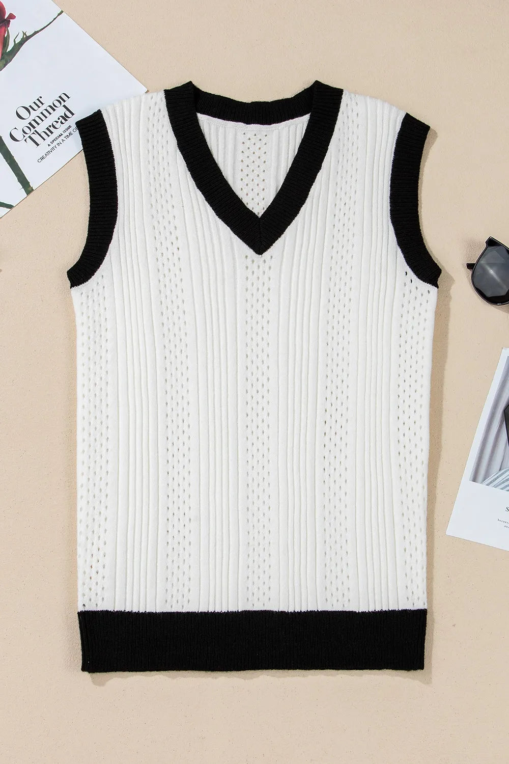 Contrast Trim Eyelet Knit V Neck White Sweater Vest - Tigbul's Variety Fashion Shop