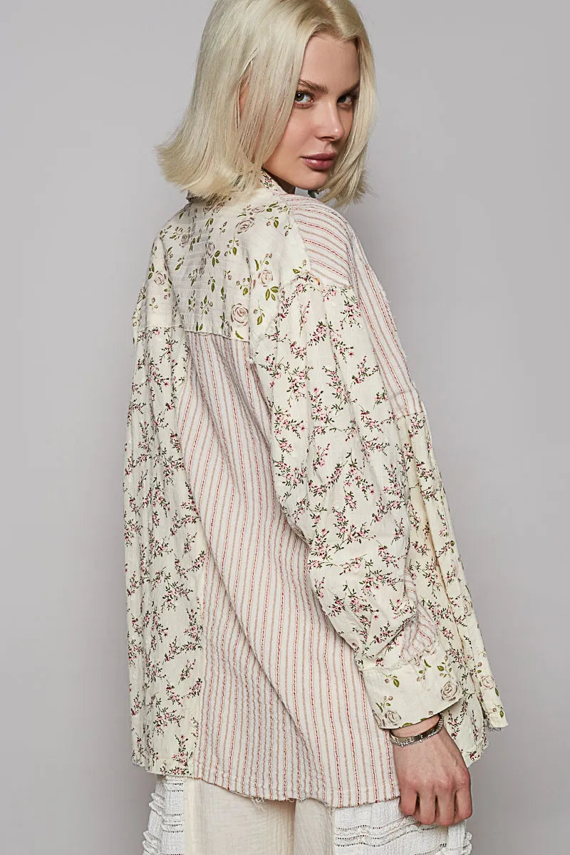 POL Lace Patchwork Floral Button-Up Shirt - Tigbul's Variety Fashion Shop