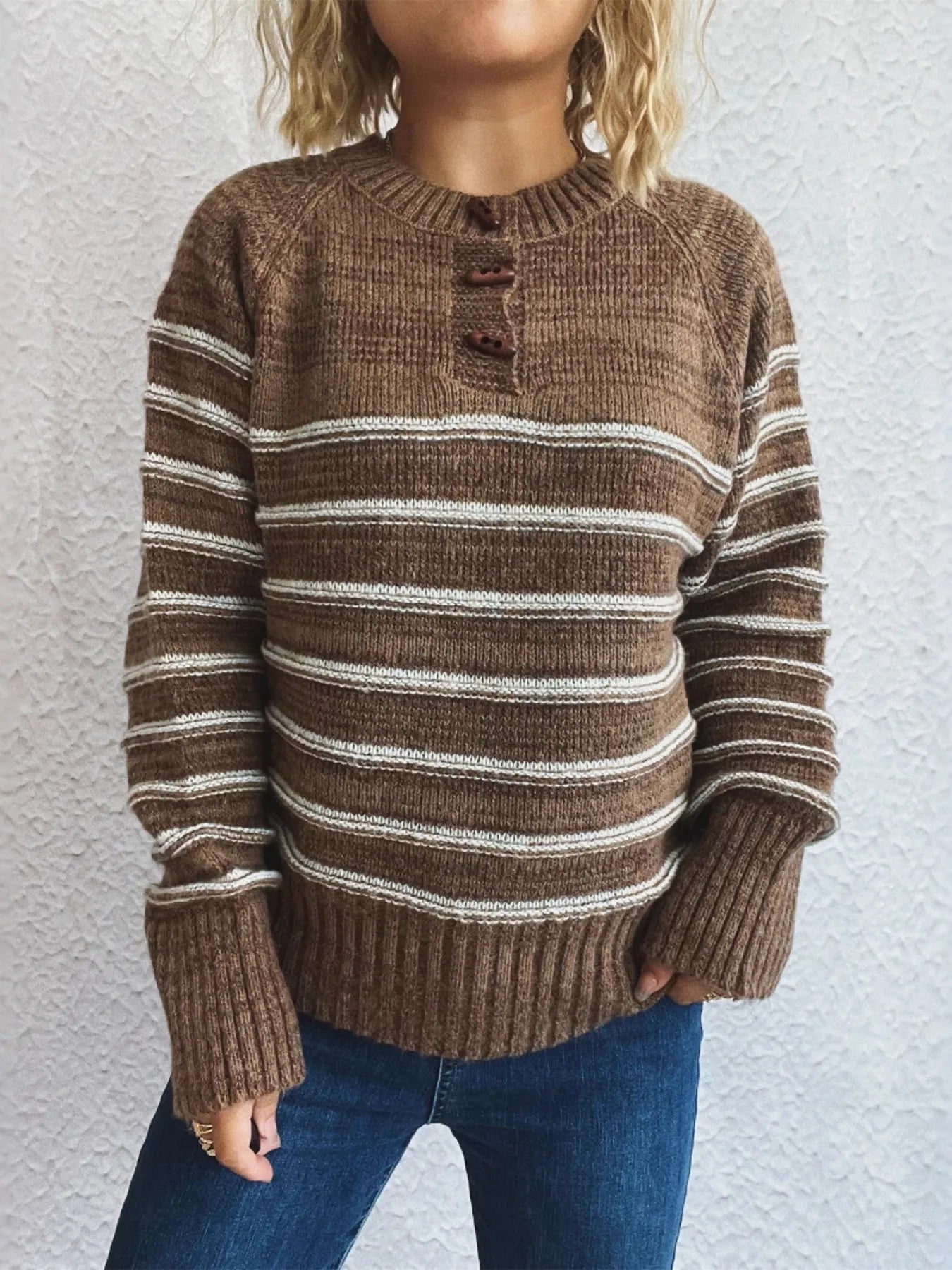 Striped Button Detail Long Sleeve Sweater - Tigbul's Variety Fashion Shop