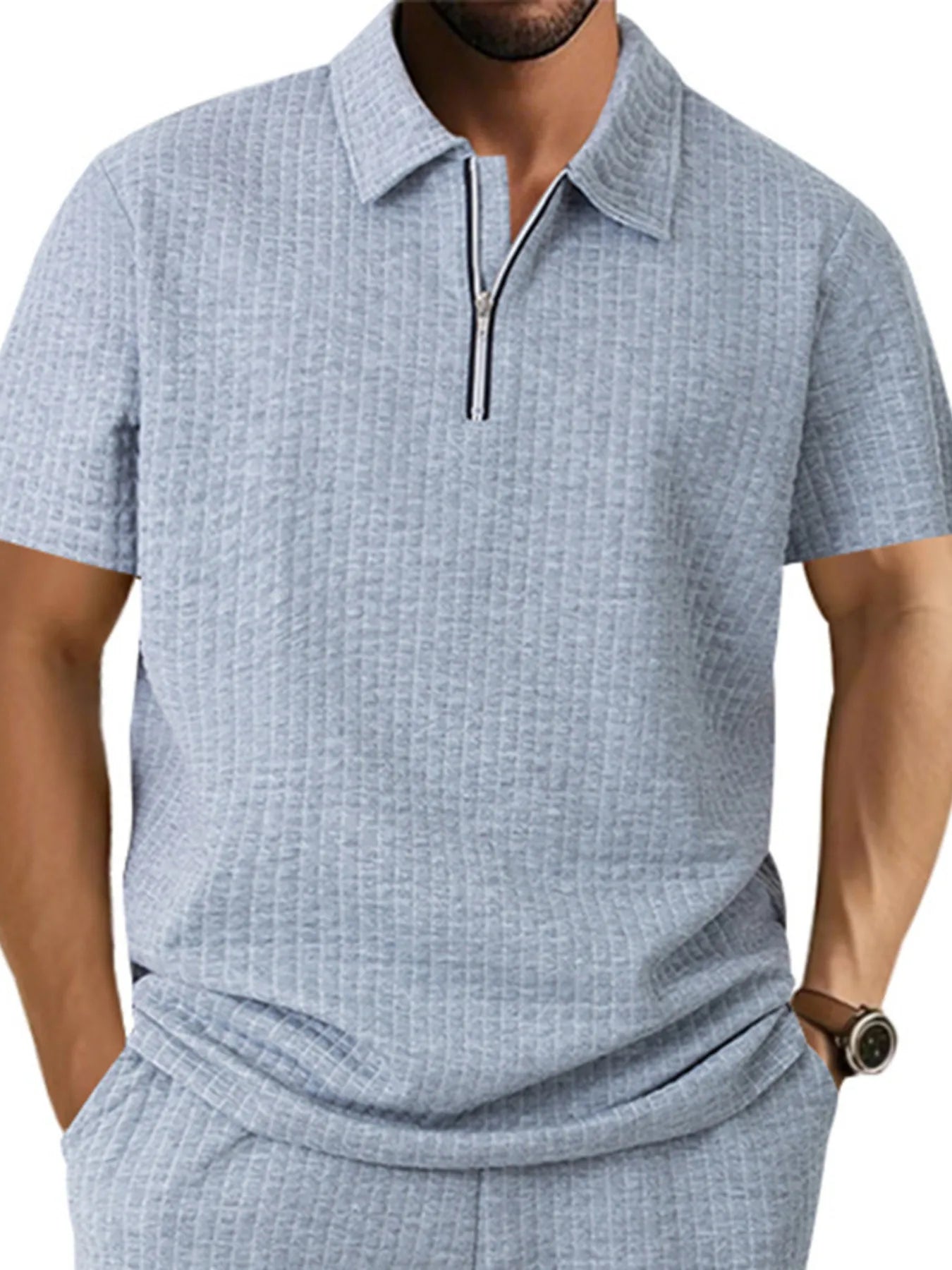 Men's Full Size Waffle Short Sleeve Polo with Zipper Detail Plus Size - Tigbul's Variety Fashion Shop