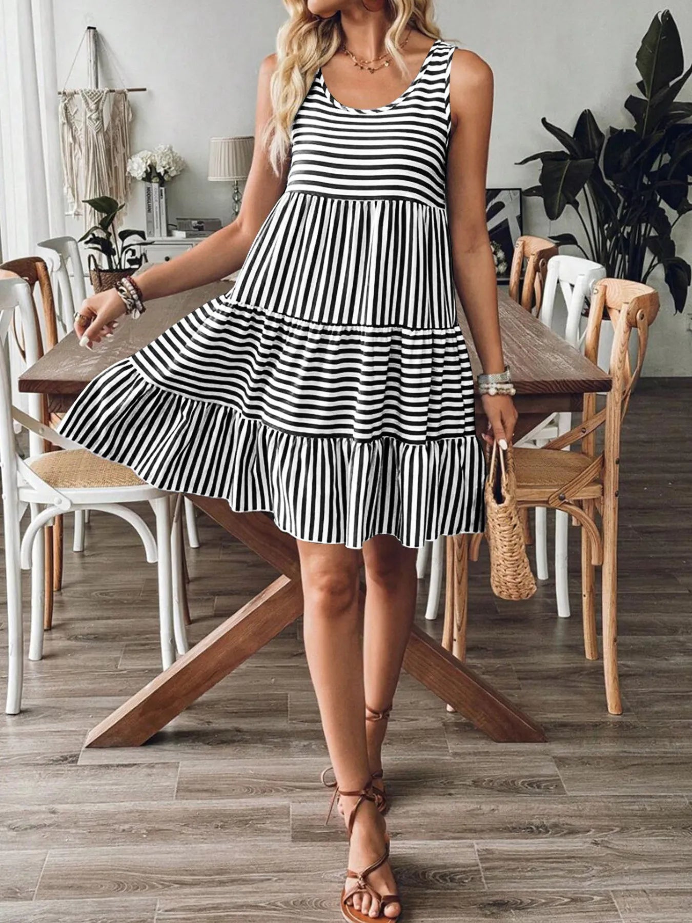 Casual Striped Tiered Ruffle Tank Dress - Tigbul's Variety Fashion Shop