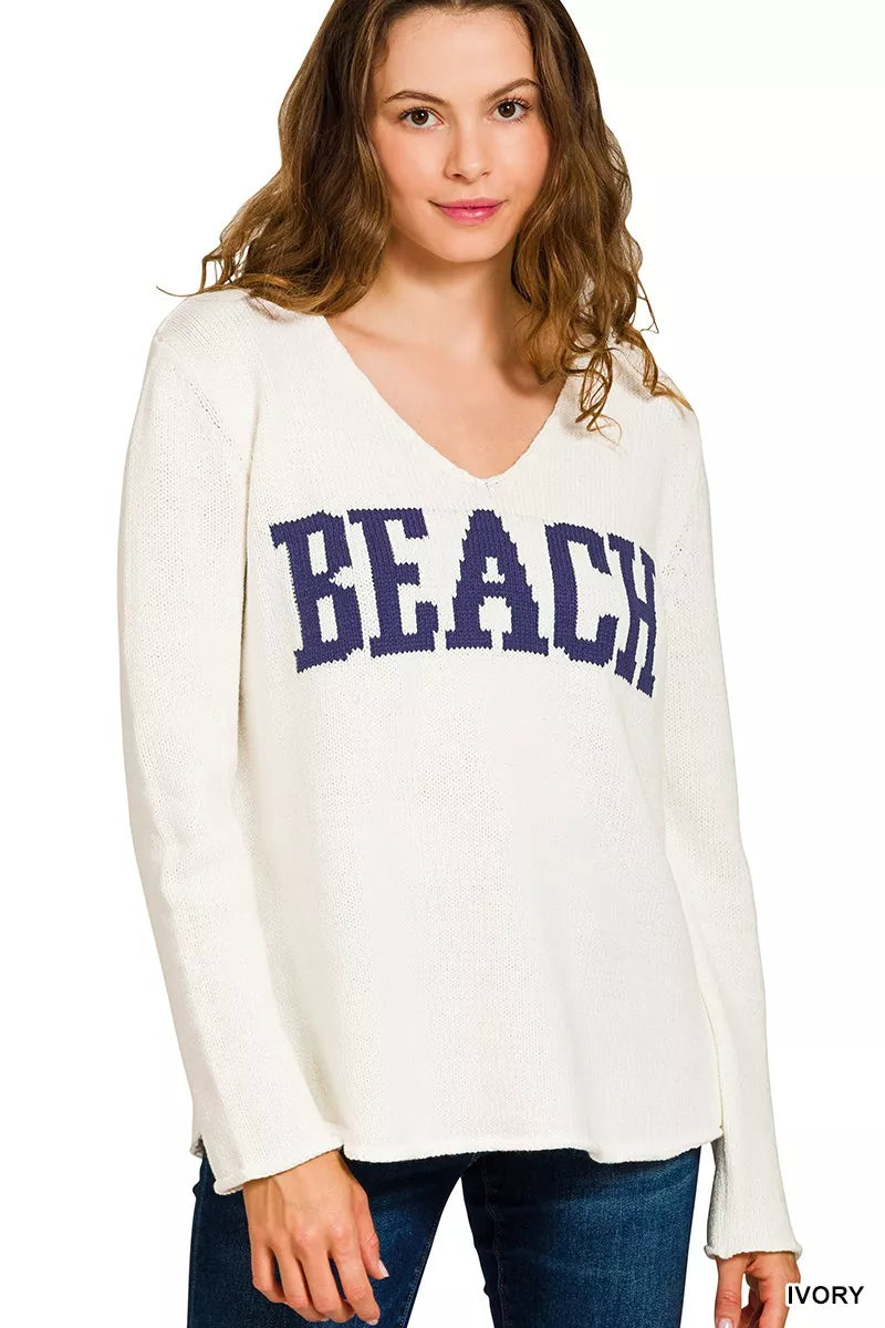 Zenana Beach V Neck Sweater - Tigbul's Variety Fashion Shop