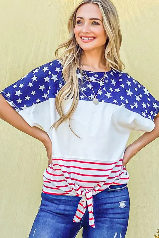 American Flag Print Tie Knot Front Casual Top - Tigbul's Variety Fashion Shop