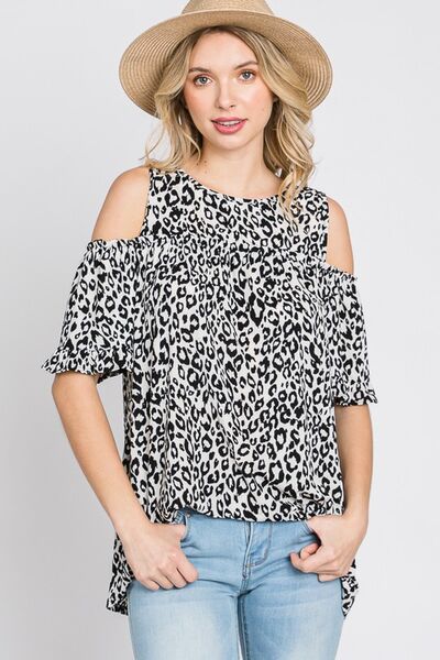 Ivory/Black Leopard Round Neck Cold Shoulder T-Shirt Plus Size - Tigbul's Variety Fashion Shop