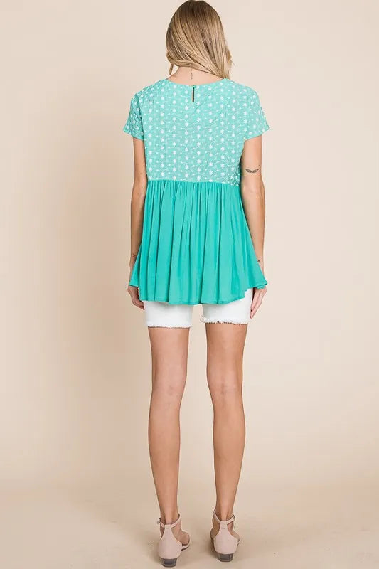 Embroidered Short Sleeve Pleated Babydoll Top Plus Size - Tigbul's Variety Fashion Shop