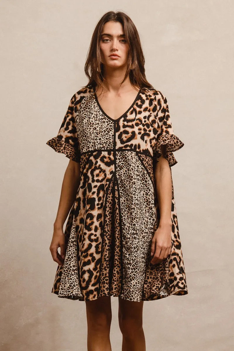 BiBi Leopard Prints Mix and Match Short Sleeves Dress - Tigbul's Variety Fashion Shop