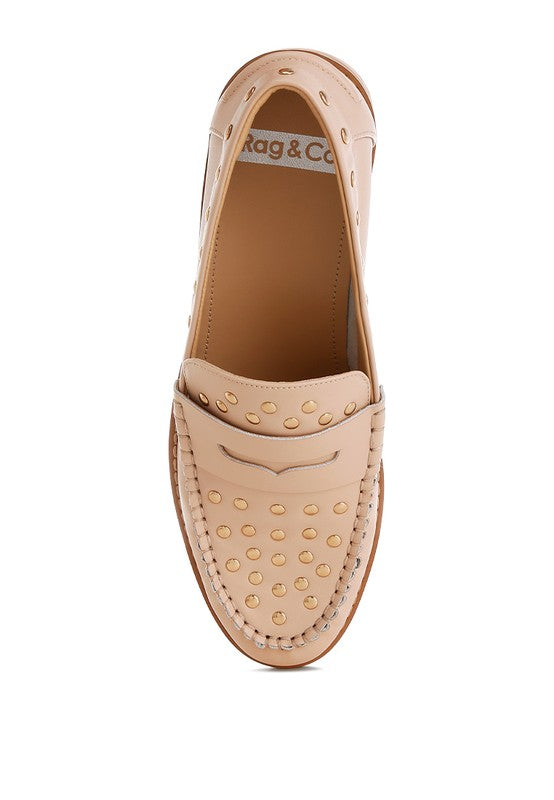 Oglavia Studs Embellished Leather Loafers - Tigbul's Variety Fashion Shop