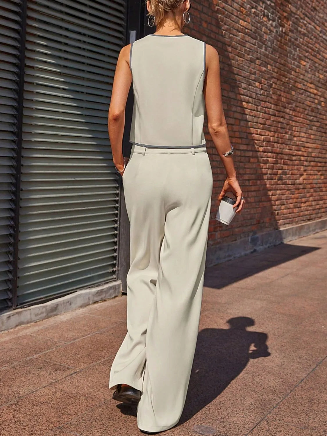 Beige V-Neck Vest and Pants Set - Tigbul's Variety Fashion Shop