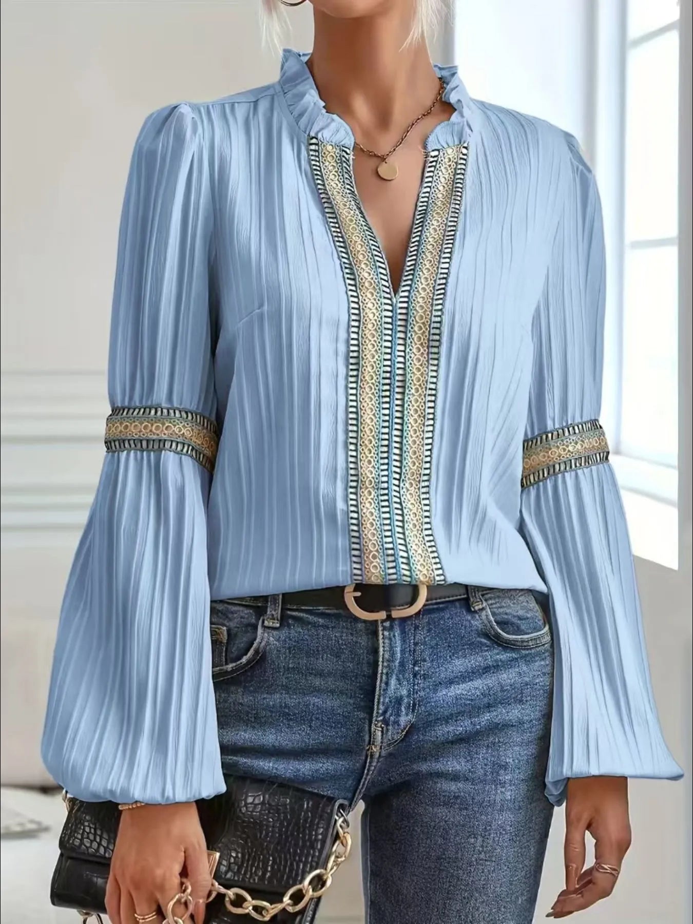 Notched Textured Balloon Sleeve Blouse - Tigbul's Variety Fashion Shop