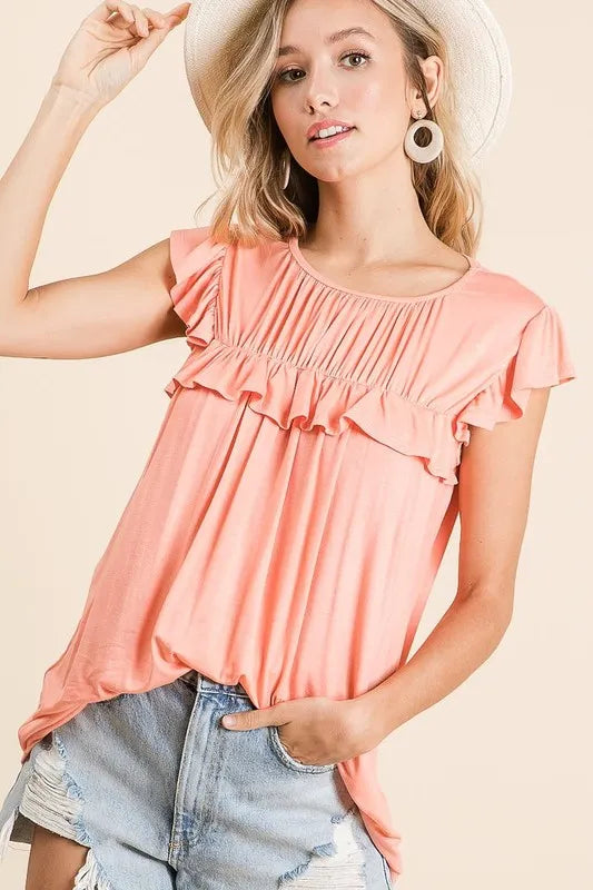Jersey Knit Gathered Top with Ruffles - Tigbul's Variety Fashion Shop