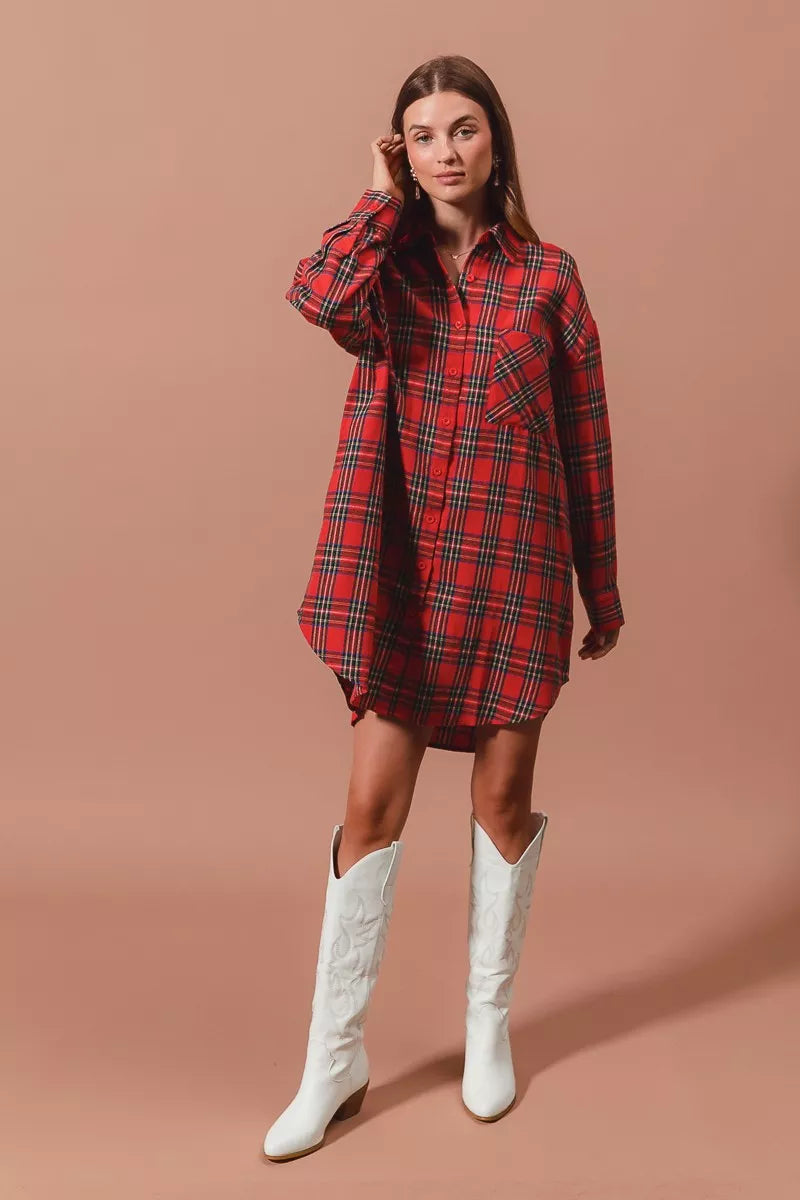 SO ME Christmas Checker Plaid Button Up Shirt Dress - Tigbul's Variety Fashion Shop