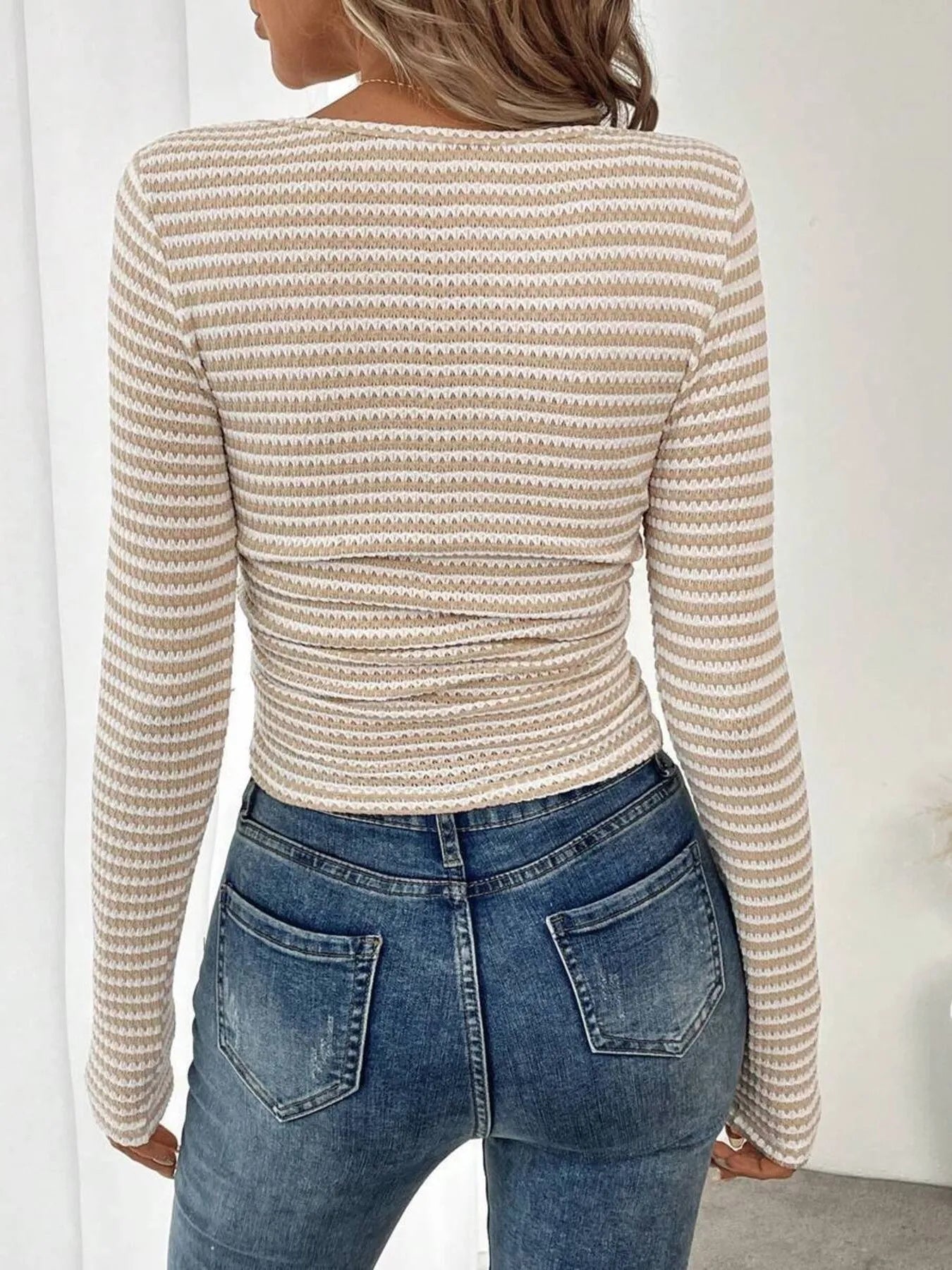 Striped Square Neck Long Sleeve T-Shirt - Tigbul's Variety Fashion Shop