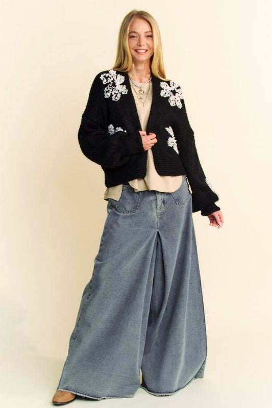 Davi & Dani Floral Applique Open Front Dropped Shoulder Cardigan - Tigbul's Variety Fashion Shop