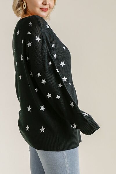 Black Star V-Neck Long Sleeve Sweater - Tigbul's Variety Fashion Shop