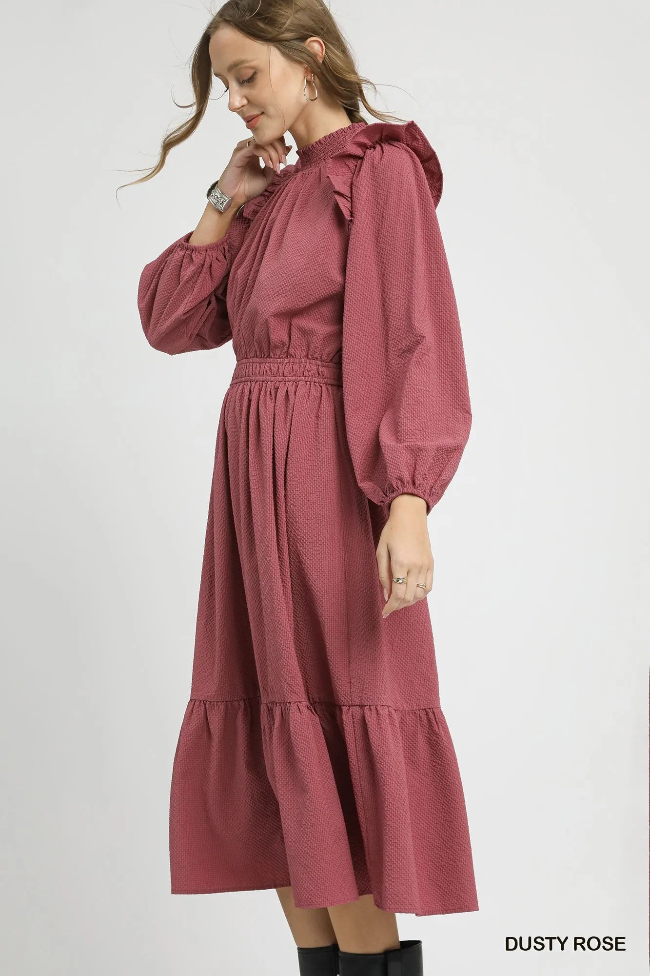 Umgee Textured Midi Dress with Ruffle Shoulder Detail - Tigbul's Variety Fashion Shop