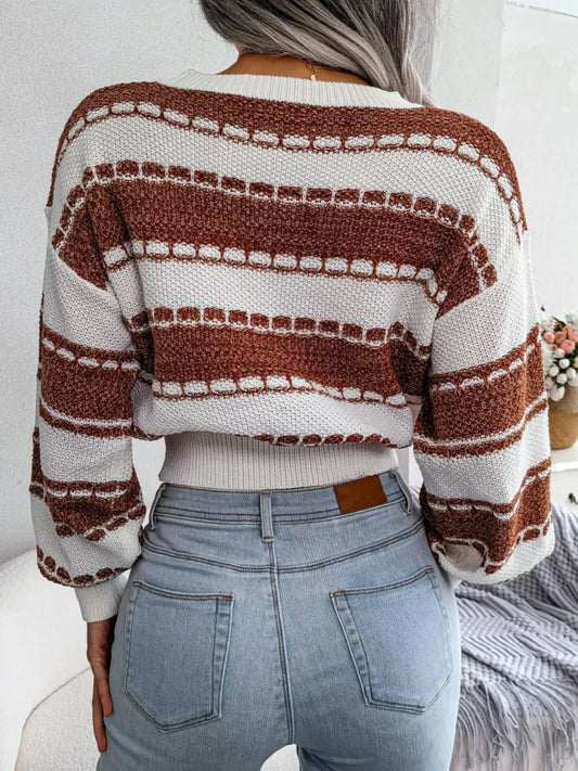 Color Block Round Neck Cropped Sweater - Tigbul's Variety Fashion Shop