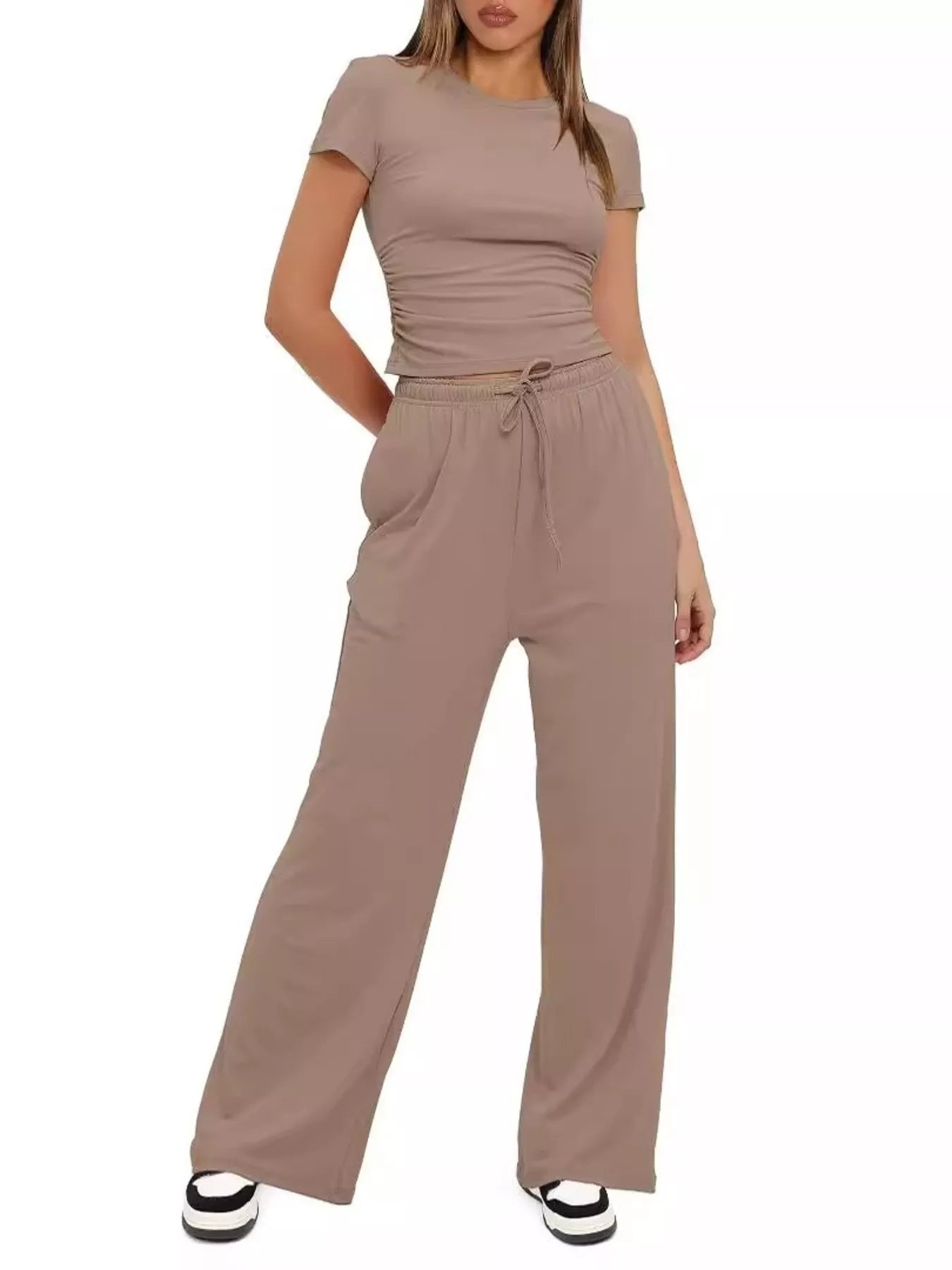 Round Neck Short Sleeve T-Shirt and Pants Set - Tigbul's Variety Fashion Shop