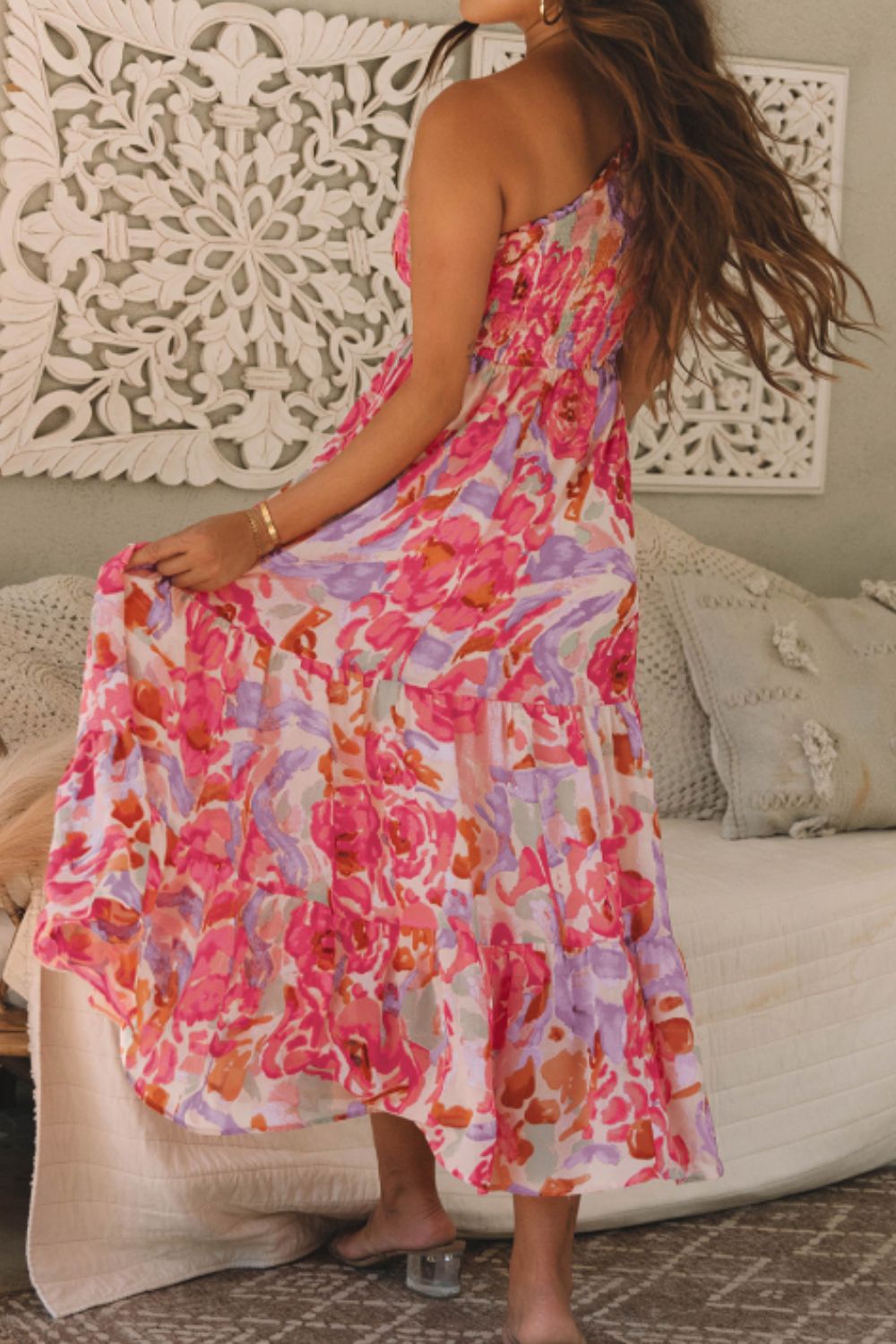 Floral Print Shirred One Shoulder Maxi Dress - Tigbul's Variety Fashion Shop