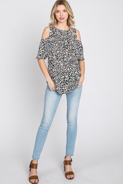 Ivory/Black Leopard Round Neck Cold Shoulder T-Shirt Plus Size - Tigbul's Variety Fashion Shop