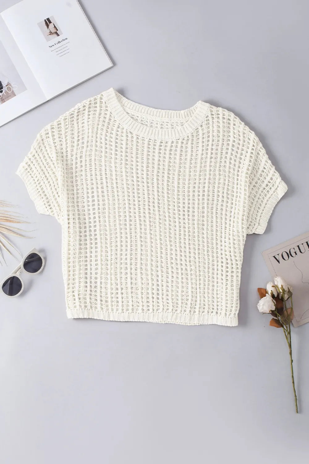 Openwork Round Neck Half Sleeve Knit Cover Up - Tigbul's Variety Fashion Shop