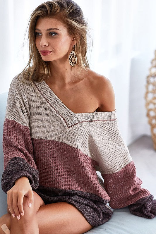 BiBi Color Block Out Stitching V-Neck Knit Top - Tigbul's Variety Fashion Shop