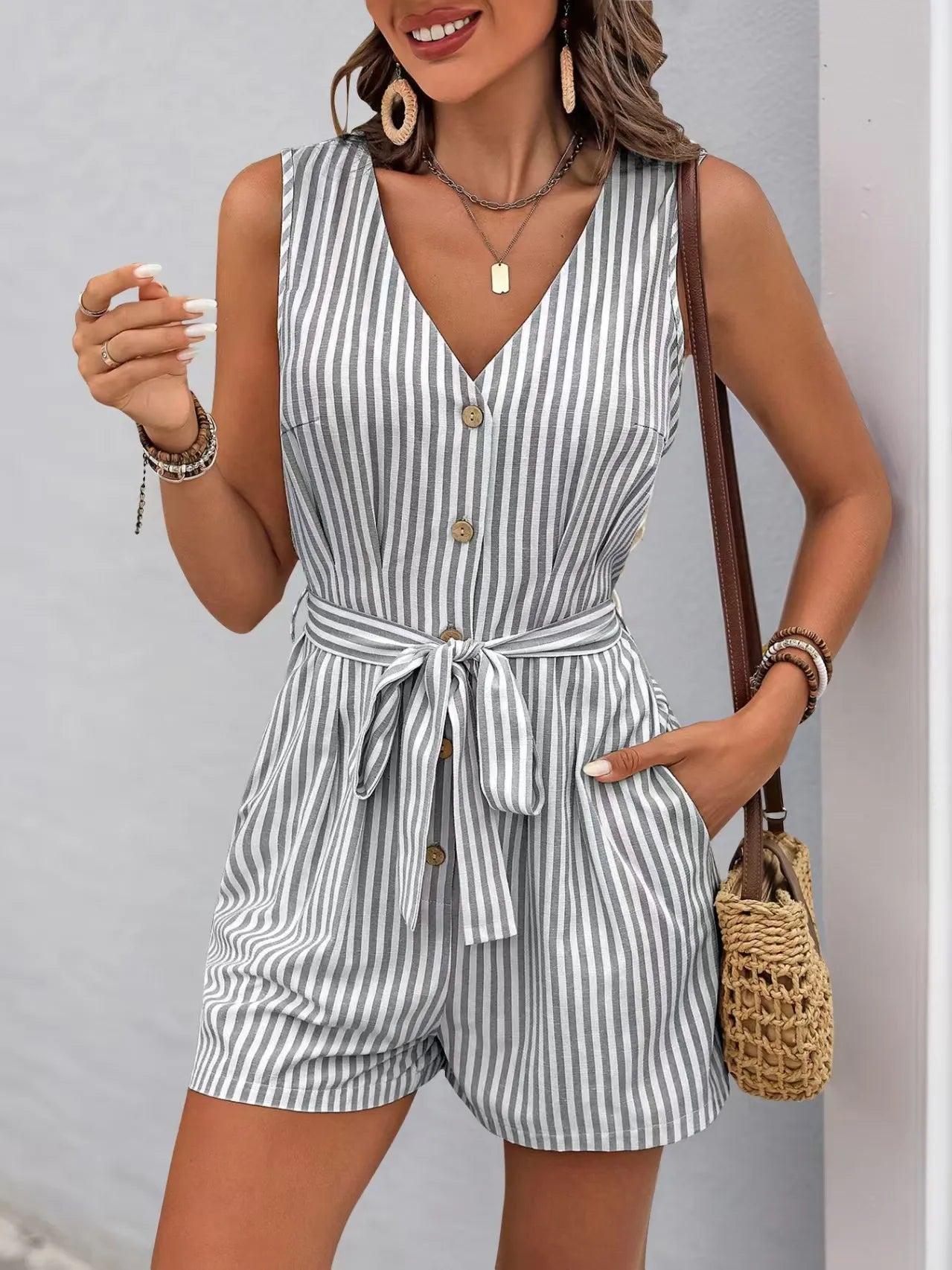 Striped V-neck Button Front Belted Romper - Tigbul's Variety Fashion Shop