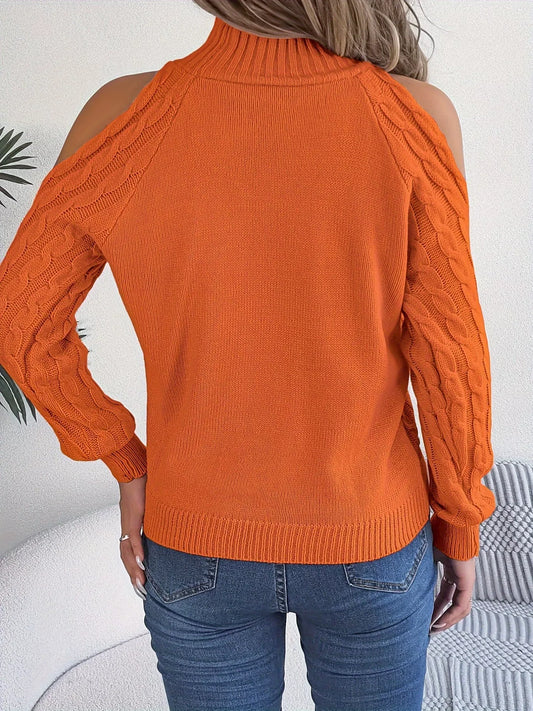 Cable Knit Cold Shoulder Turtleneck Sweater - Tigbul's Variety Fashion Shop