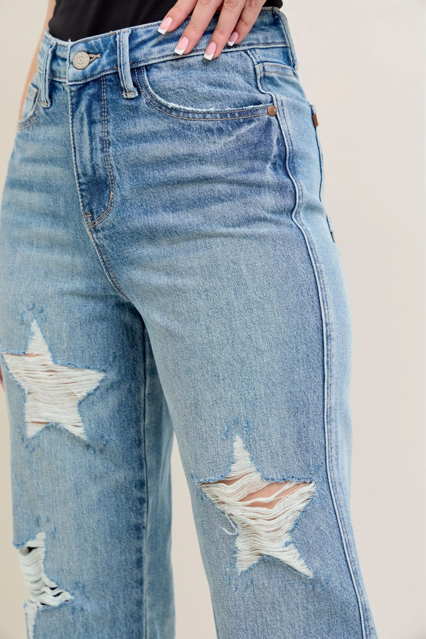 Judy Blue Full Size High Waist Rigid Magic Star Shaped Destroy 90's Straight Jeans Plus Size - Tigbul's Variety Fashion Shop