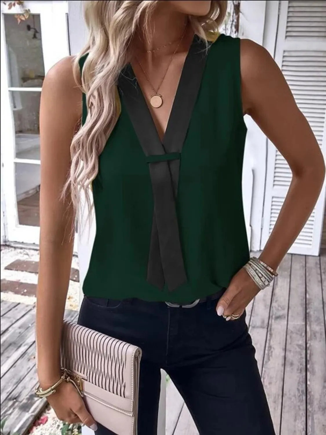 V-Neck Contrast Tank Shirt - Tigbul's Variety Fashion Shop