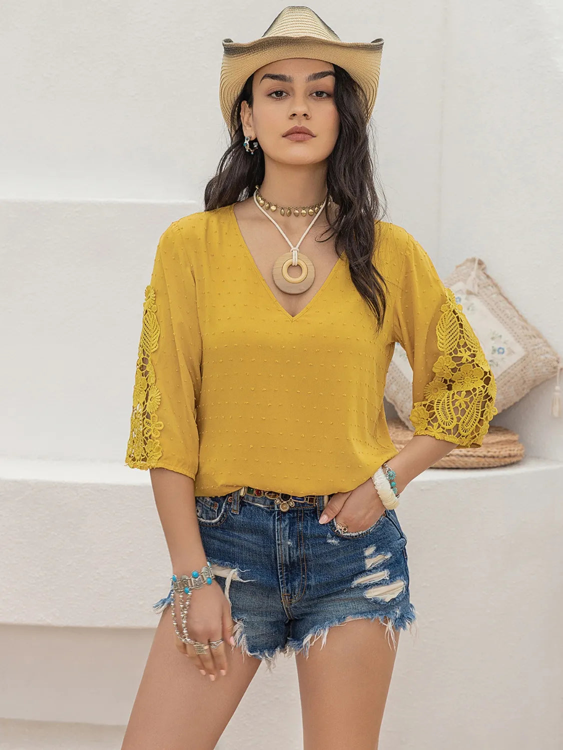 Yellow V-Neck Lace Three-Quarter Sleeve Top - Tigbul's Variety Fashion Shop