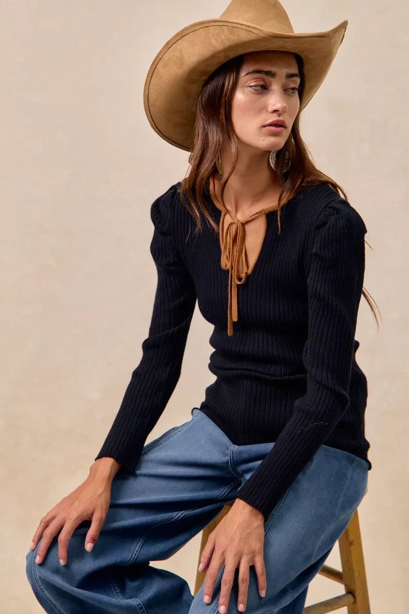 BiBi Ribbed Contrast Front Tied Top with Shrried - Tigbul's Variety Fashion Shop