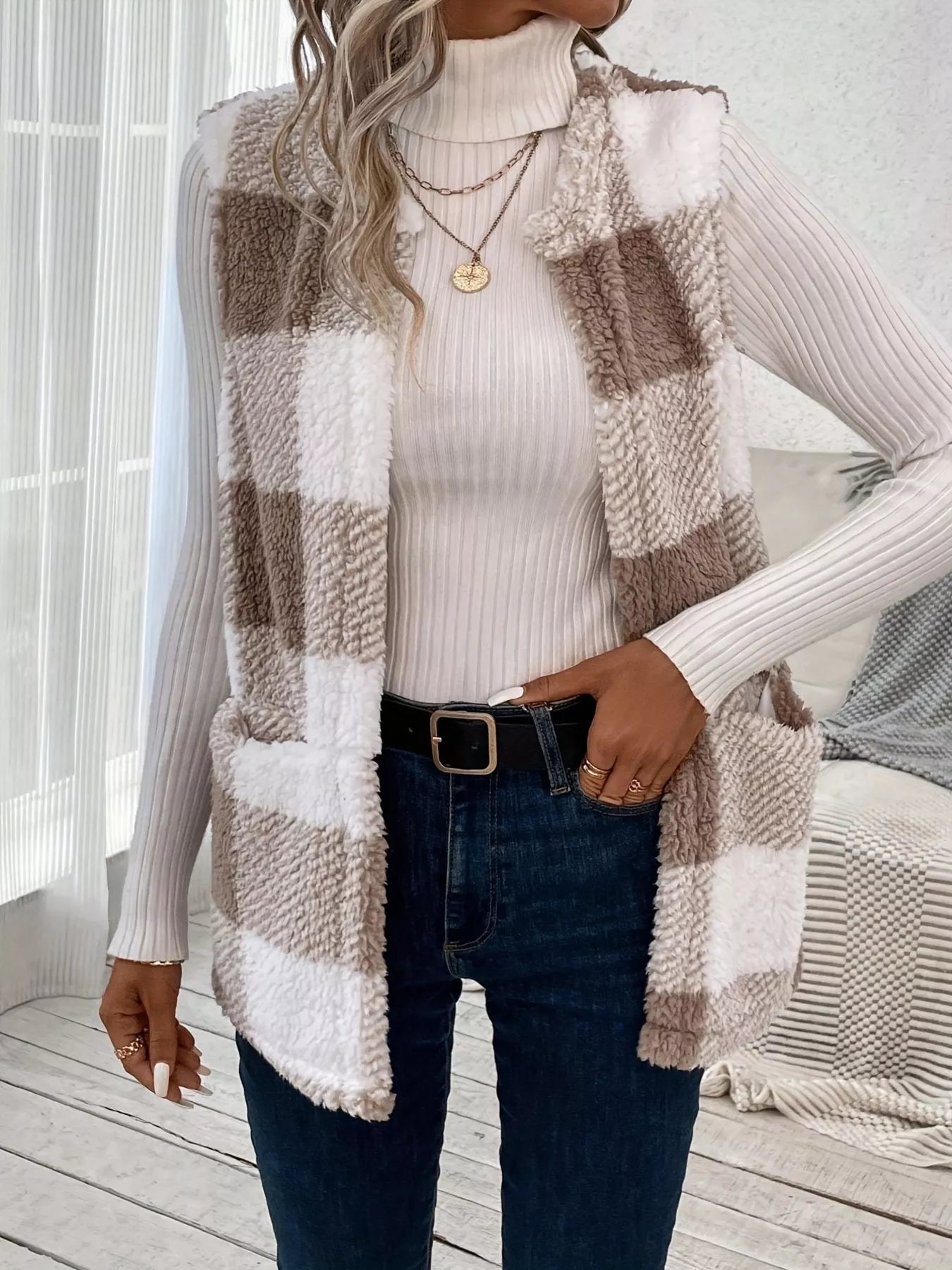 Plaid Sherpa Vest Coat with Pockets - Tigbul's Variety Fashion Shop