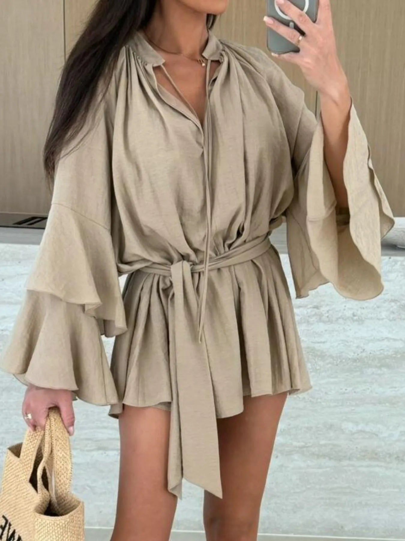 Bell Sleeve Tie Waist Mini Shirt Dress - Tigbul's Variety Fashion Shop