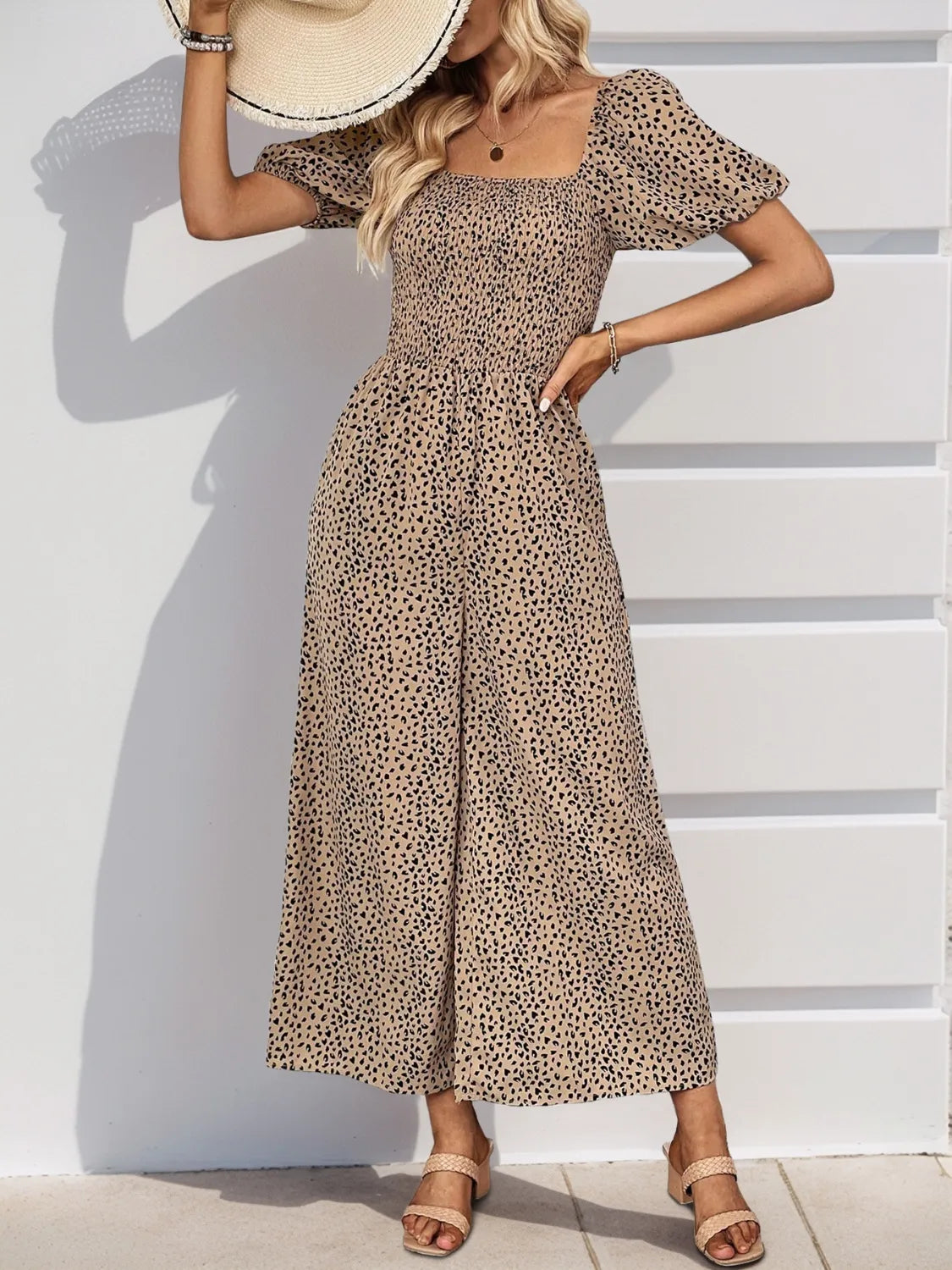 Printed Square Neck Puff Sleeve Jumpsuit - Tigbul's Variety Fashion Shop