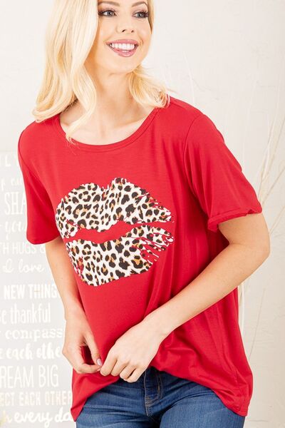 Red Leopard Lip Round Neck Short Sleeve T-Shirt Plus Size - Tigbul's Variety Fashion Shop