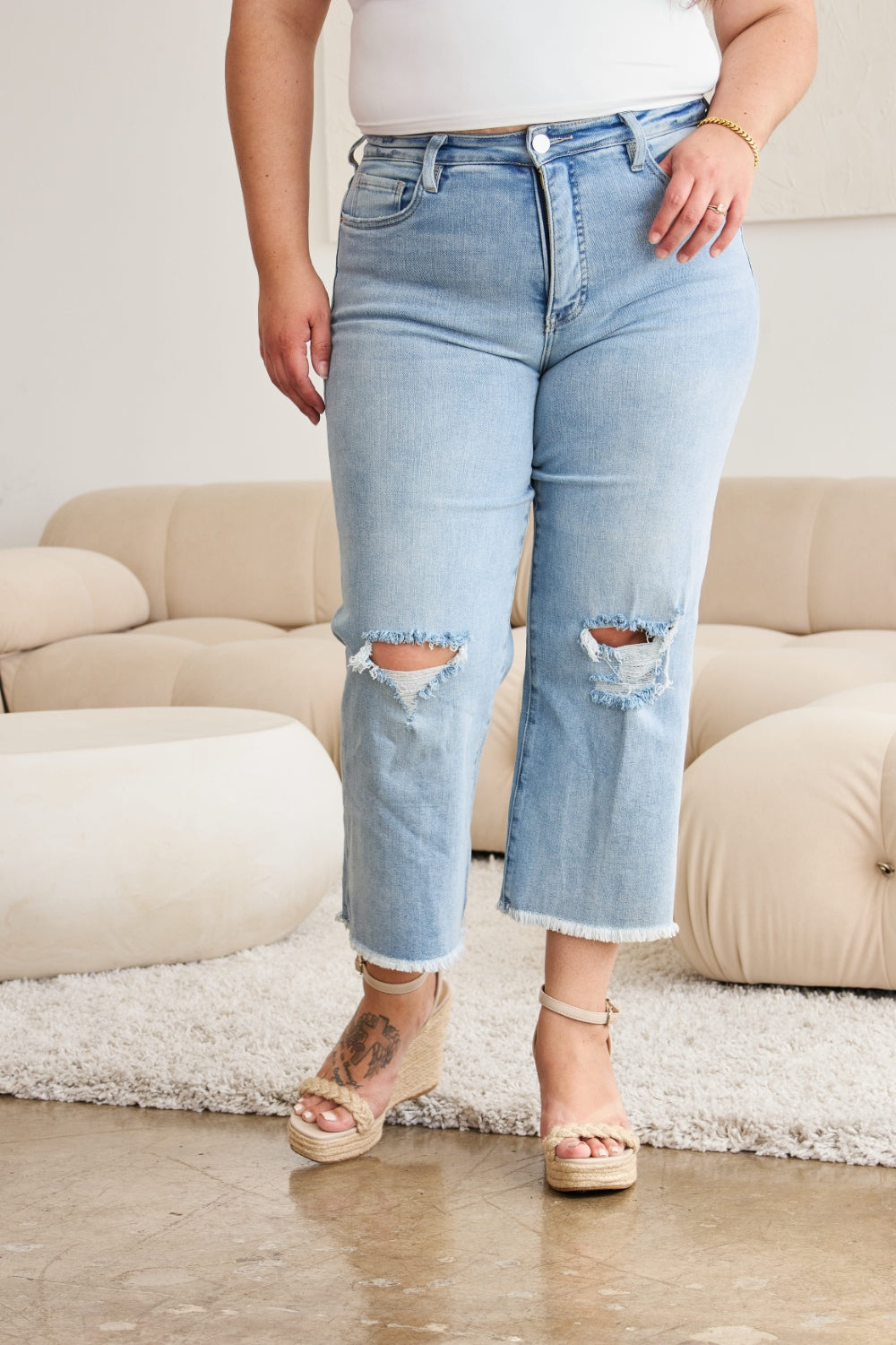 RFM Tummy Control High Waist Raw Hem Distressed Jeans - Tigbul's Variety Fashion Shop