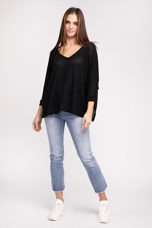 3/4 Sleeve V-Neck Hi-Low Hem Jacquard Sweater - Tigbul's Variety Fashion Shop
