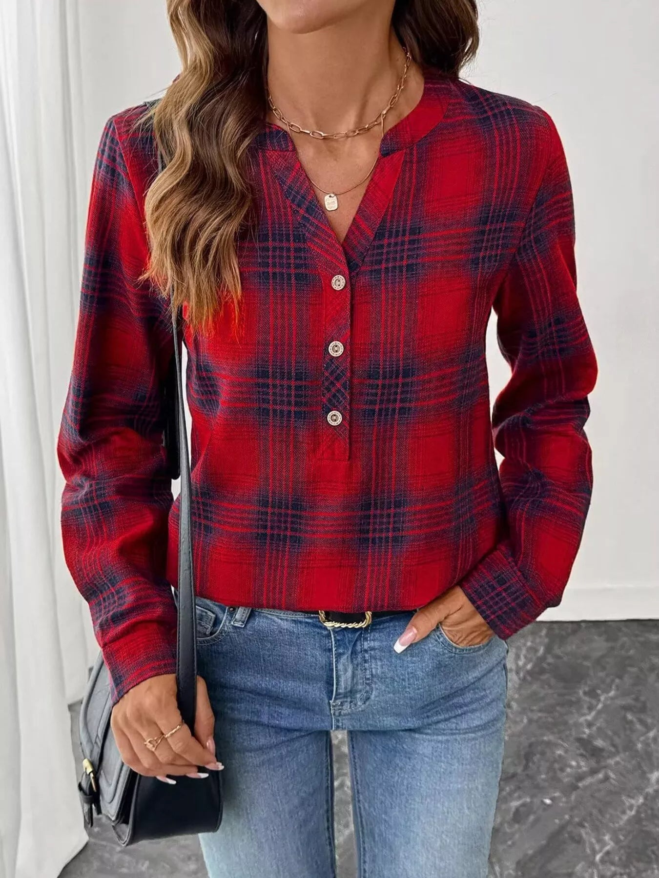 Plaid Half Button Long Sleeve Blouse - Tigbul's Variety Fashion Shop