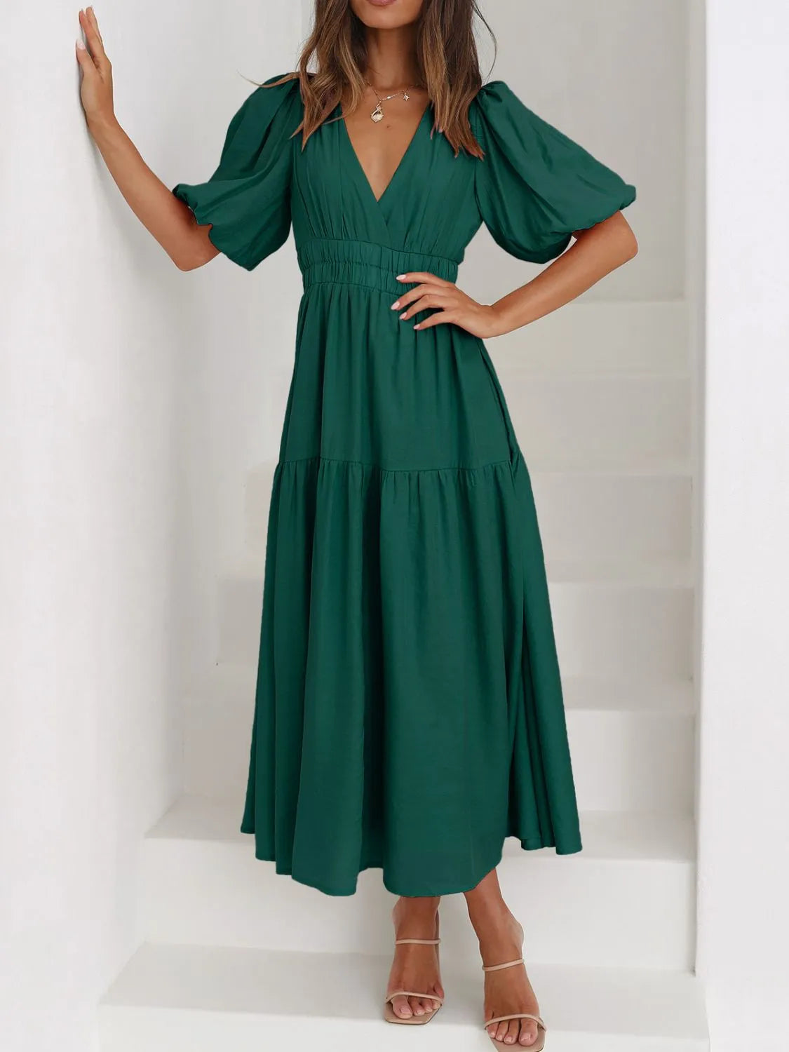 V-Neck Puff Sleeve Midi Dress - Tigbul's Variety Fashion Shop