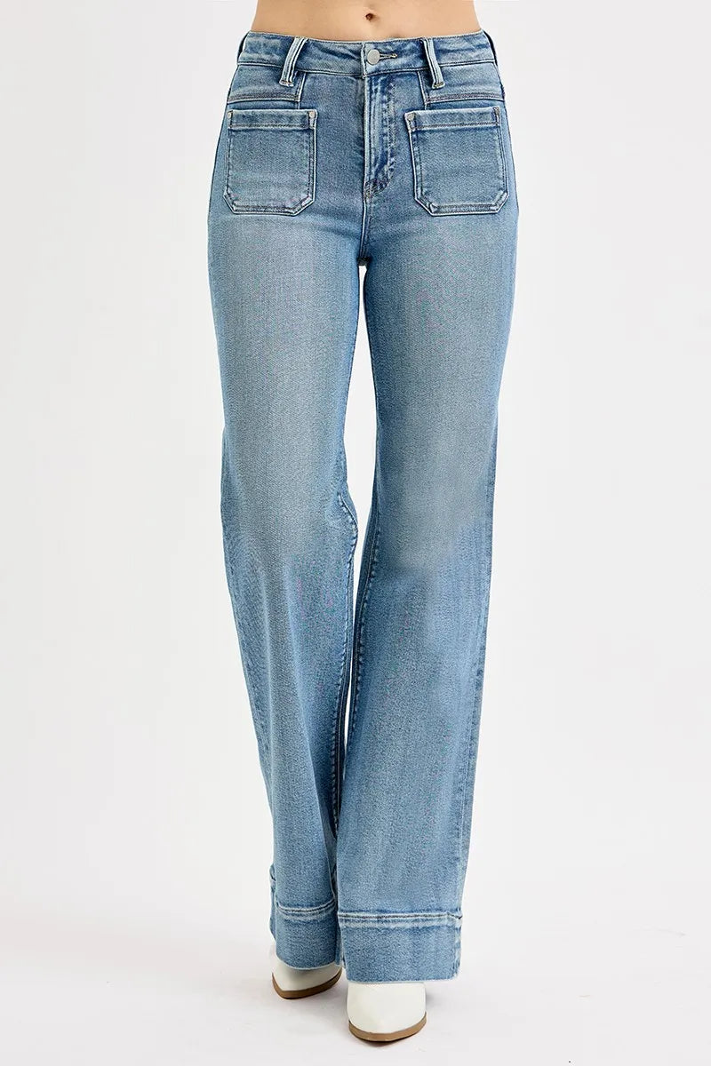 RISEN Full Size High Rise Wide Flare Patch Pocket Jeans Plus Size - Tigbul's Variety Fashion Shop