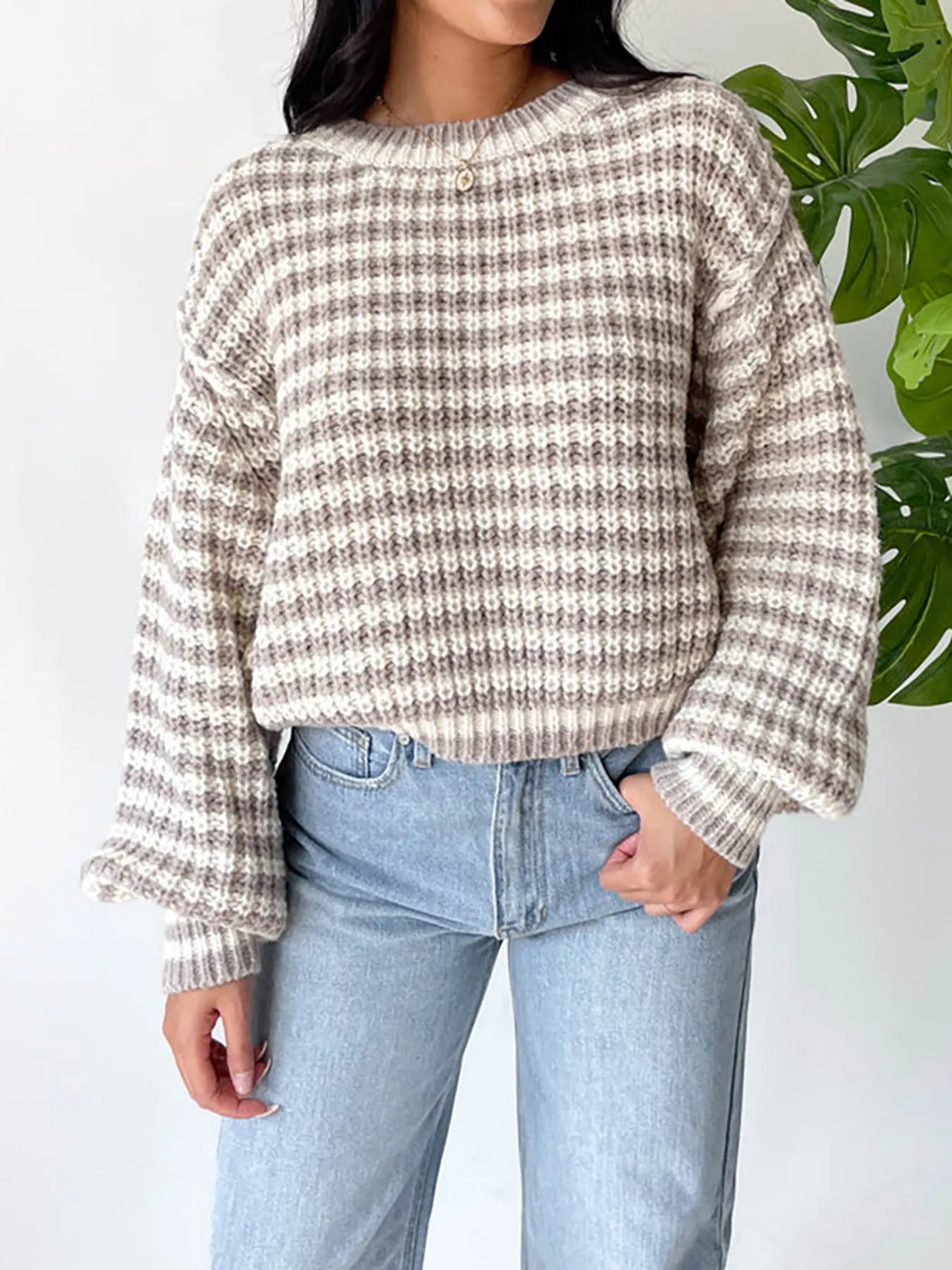 Oversized Striped Drop Shoulder Sweater - Tigbul's Variety Fashion Shop