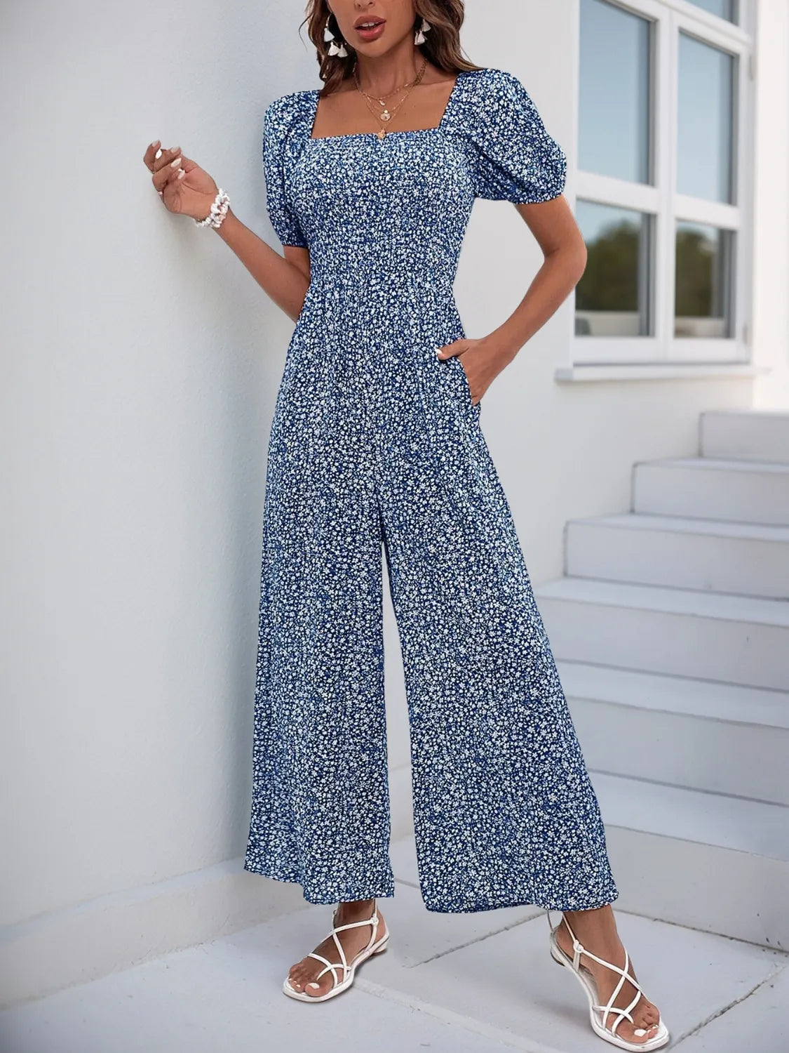 Printed Square Neck Puff Sleeve Jumpsuit - Tigbul's Variety Fashion Shop