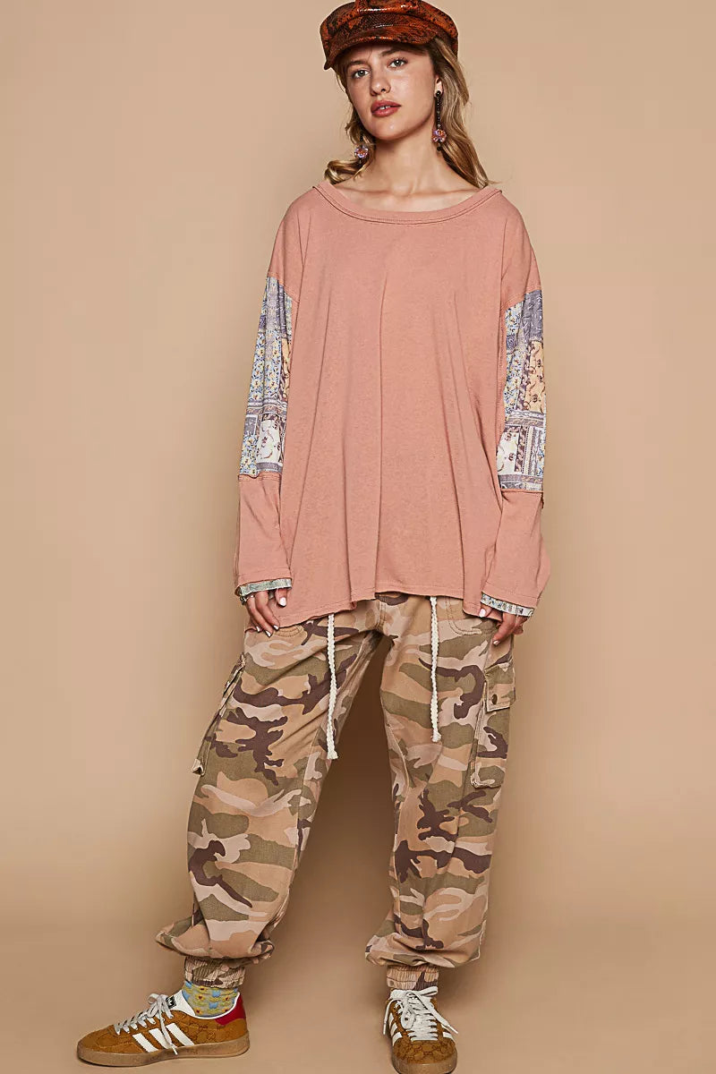 POL Round Neck Long Sleeve Roomy Fit Top with Stitch Detail - Tigbul's Variety Fashion Shop