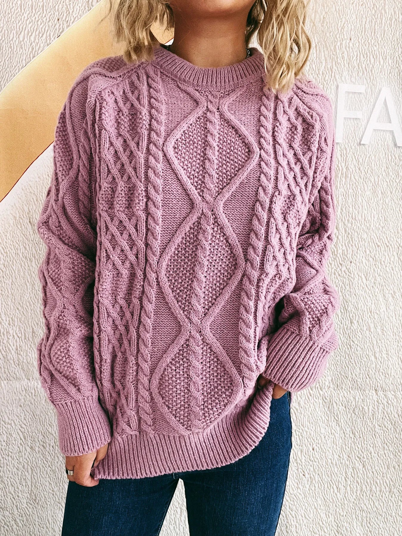 Cable Knit Long Sleeve Sweater - Tigbul's Variety Fashion Shop