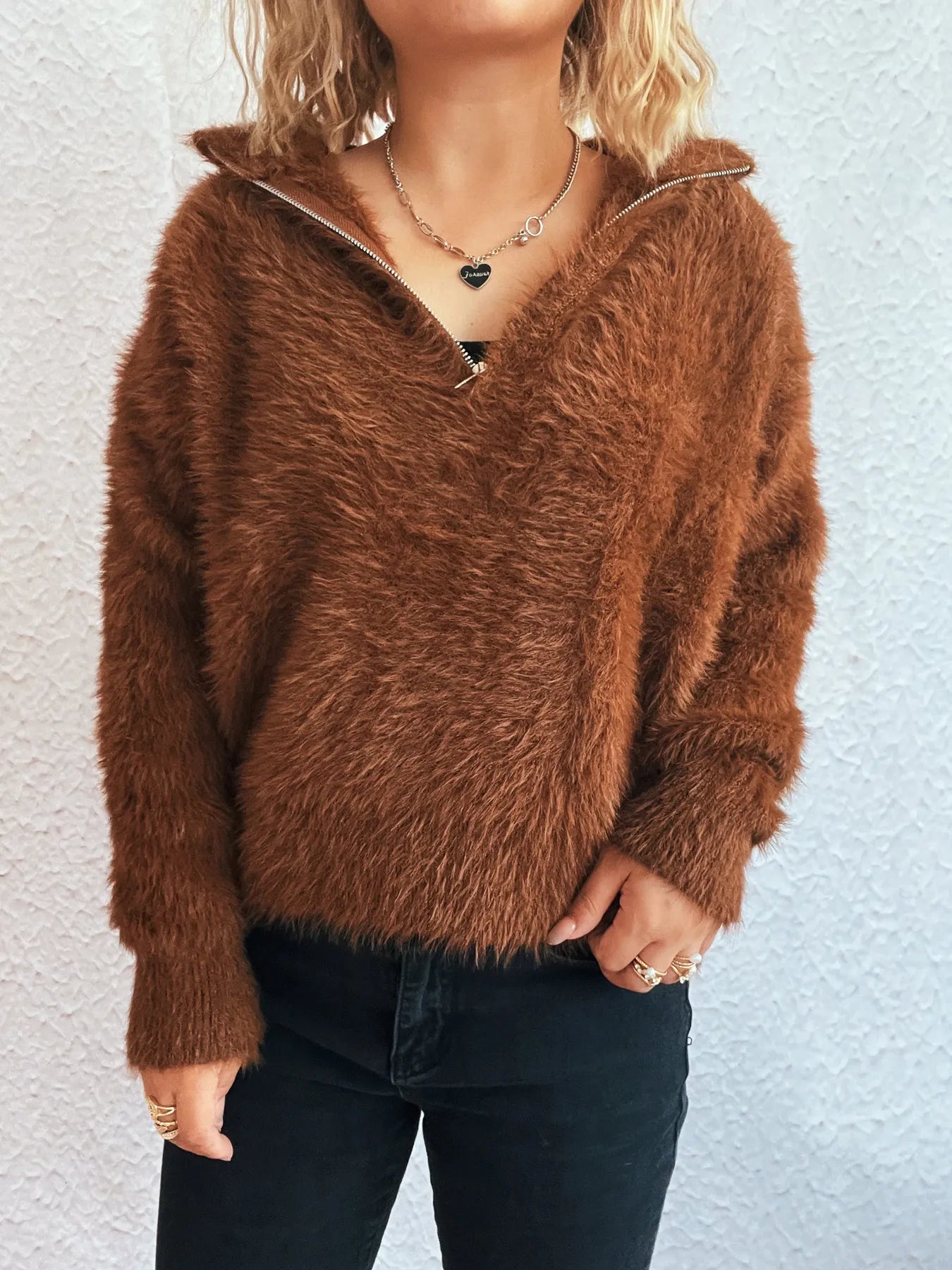 Cozy Fuzzy Half-Zip Sweater - Tigbul's Variety Fashion Shop